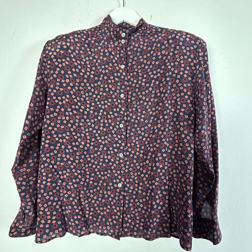 Vintage Talbots Womens 100% Silk Button-Up Shirt Size 8 Floral & Geometric Print